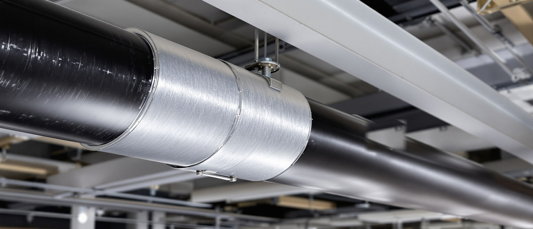 Pre-insulated pipe supports on a mechanical room pipe run: an insulation saddle wrapped around a steel pipe under a curved galvanised shield.
