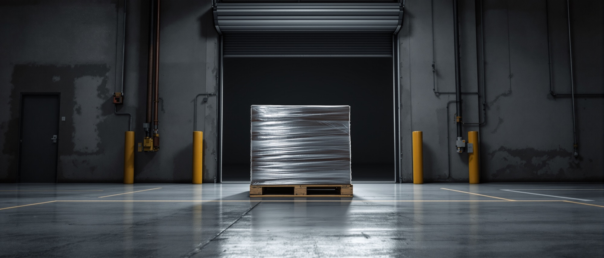 A single shrink-wrapped pallet of banded material standing on a concrete loading dock, dock door open behind it.