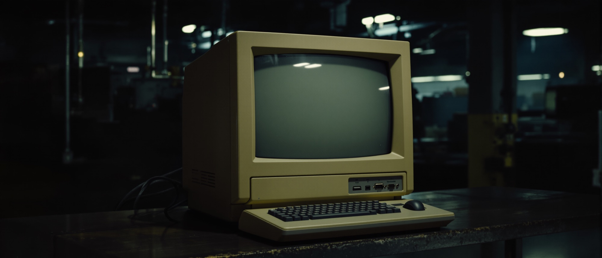 An ageing beige computer terminal with a monochrome CRT and a panel of serial ports, sitting on a steel bench in a dim plant machine room.