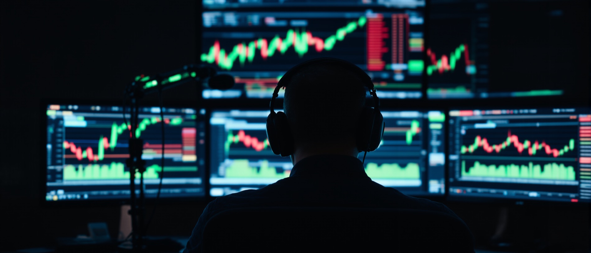 A trader at a broadcast desk in headphones, a condenser microphone on a boom arm, three monitors of candlestick charts and depth-of-market ladders.