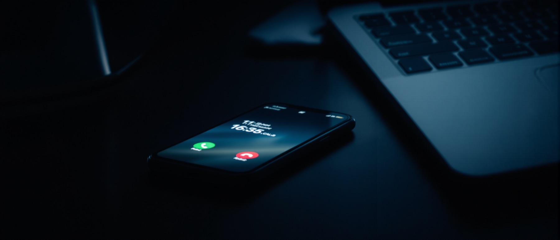 A phone face-up on a dark desk at night, screen lit with an incoming call.