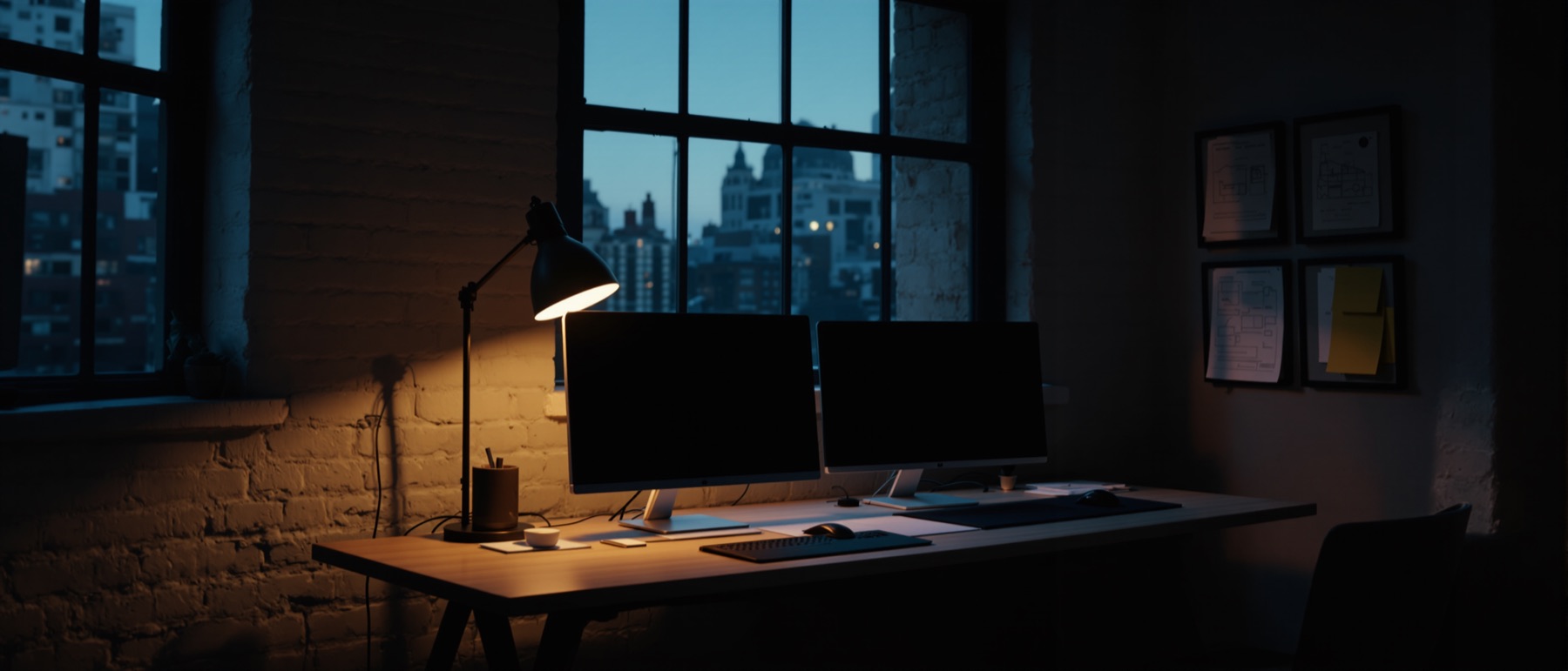 A small working studio at dusk: one long desk, drafting prints pinned to the wall.
