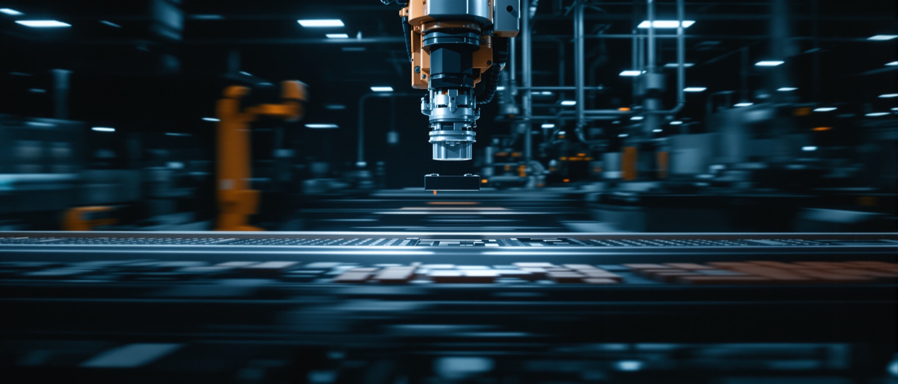 An automated production line running in a dark plant, a robotic arm blurred mid-cycle over a conveyor.