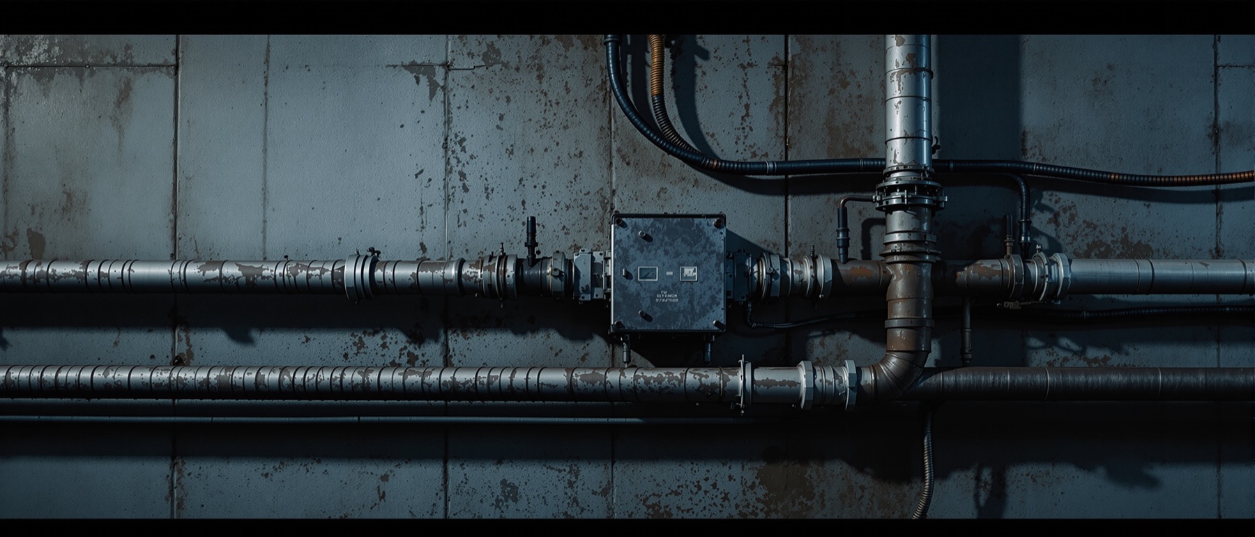 Two industrial conduit runs diverging on a plant wall, one continuing straight and one branching away.