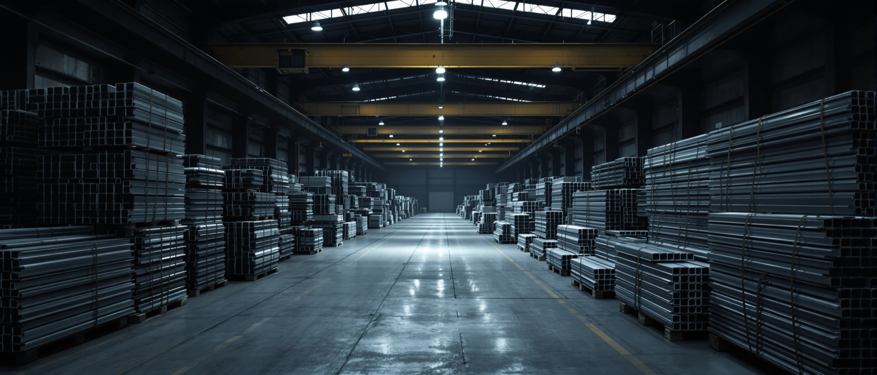 Finished extruded aluminium sections racked and banded on a manufacturing floor at end of shift.